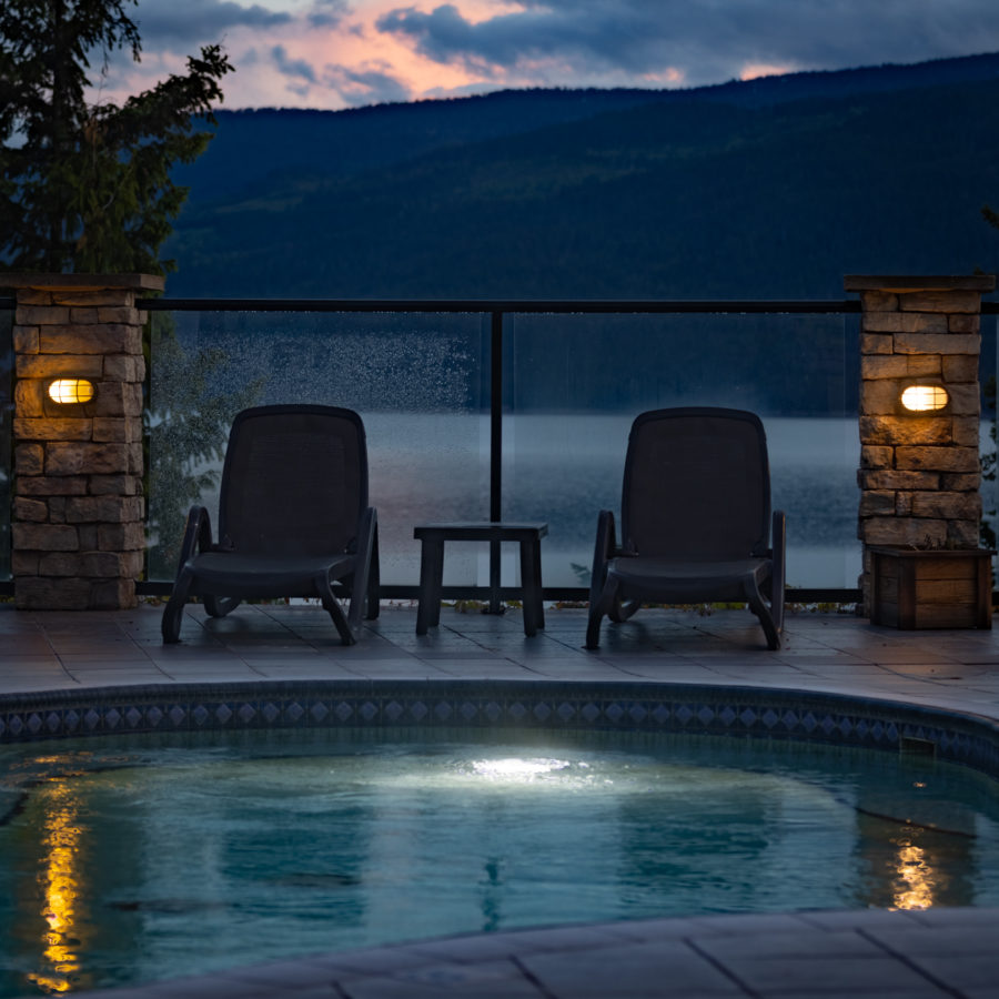 Poolside view of sunset at Halcyon Hot Springs
